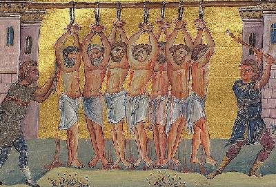 Свети мъченик Уар и свв. седем мъченици. Фрагмент от миниатюра в стара ромейска минология. Константинопол